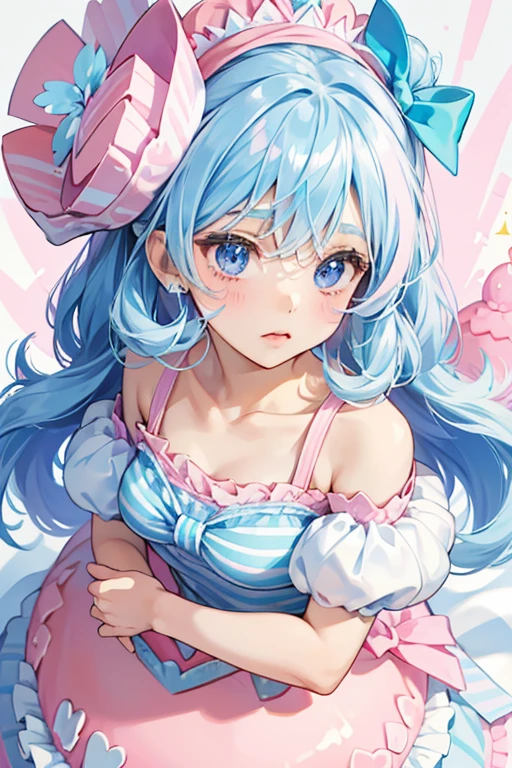 Lady Sugarette, A blue and pink striped cake with pink frosting dollops around her bottom and basic expression. White cream is piled on her head with a violet bow. . SPARKLE; GLITTER