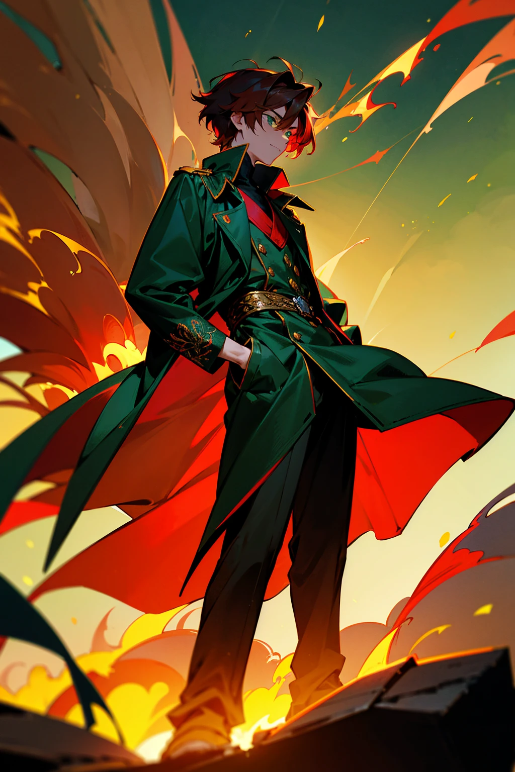 1male, auburn hair, emerald green eyes, wearing a crimson trench coat with gold embroidery of flames, black combat boots, standing on a path, dusk with glowing embers in the air, masterpiece, 8k.