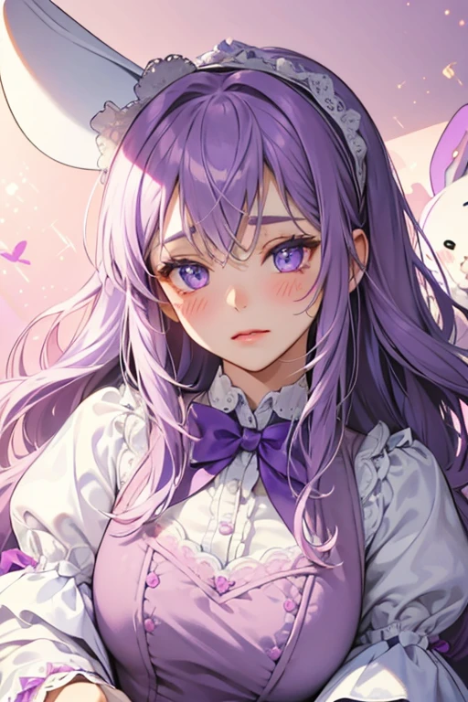 Violet Contessa, A light purple bunny making a surprised expression with one shut eye and faint pink blushed cheeks. She wears a violet ribbon on her ears and has a whte floral, dot, and scalloped frosting design around her. SPARKLE; GLITTER