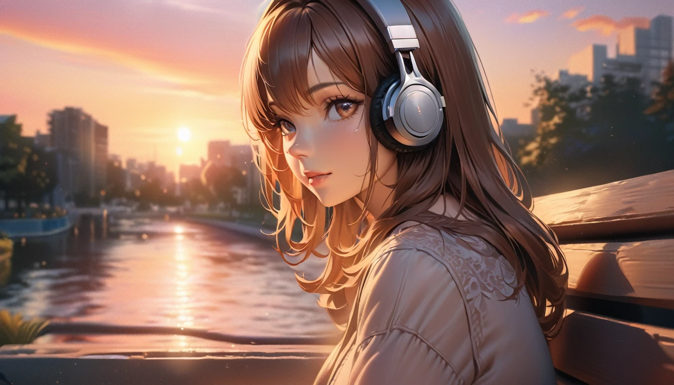 a beautiful young woman with brown hair wearing headphones, sitting on a bench in a park during sunset, relaxed expression, casual dress, detailed background of a colorful sunset sky, best quality, 4k, 8k, high resolution, masterpiece, ultra-detailed, realistic, photorealistic, vivid colors, studio lighting, sharp focus, physically-based rendering