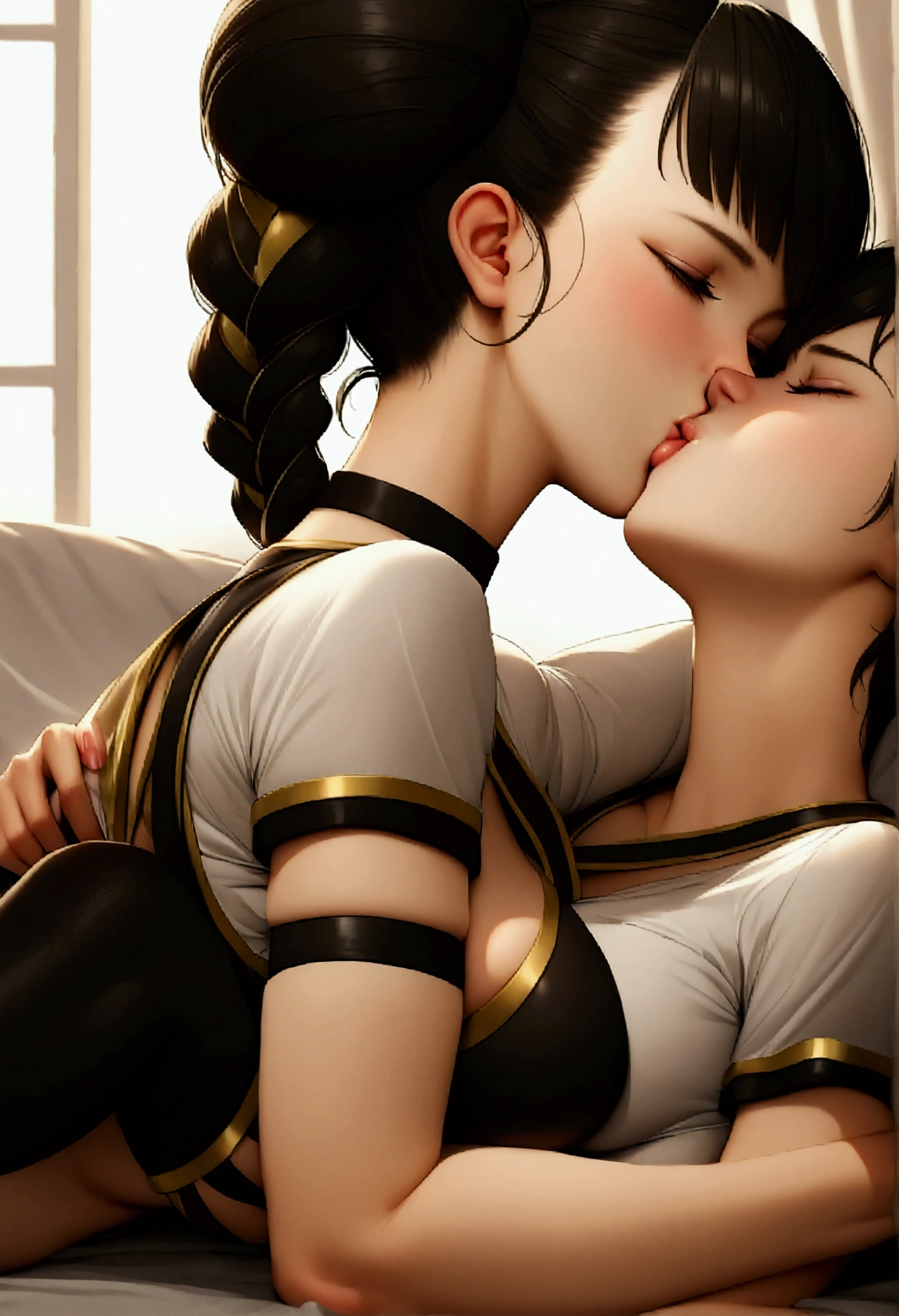 juri han lying on top of chun li on a bed,kissing,sexly,little clothing,black leggings and white shirt,breasts showing,rolled up,lying on a bed