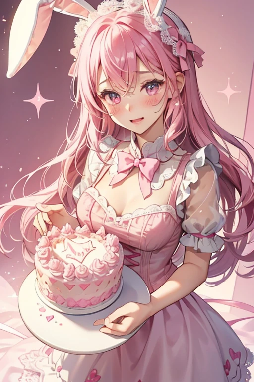 Cake Dunk 'n' Crumble is a fair skinned girl with pale pink cheeks and normal black eye buttons. She has long magenta hair with straight cut bangs with a few curling towards her forehead. Her hair is about chest length and worn in low braided pigtails held with pink bows. Cake wears a dark pink-purple dress that resembles icing going over the sides with white sprinkles all over it. Her bottoms are short and resemble a doughnut. She wears fuchsia pink ballet flats. SPARKLE; GLITTER;