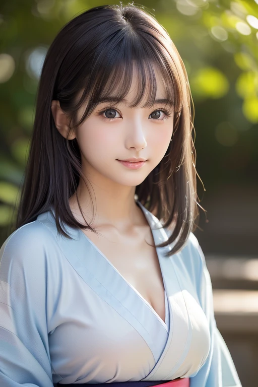 The photo is from the thighs up、Highest quality、High resolution、超High resolution（Real：1.4）、(White and light blue kimono: 1.4)、(shrine:1.3)、18-year-old、Japanese women、Small breasts、(looking at the camera)、Cute round face、smile、((Shiny gray hair))、looking at the camera、Sparkling eyes、Lips shining with lip gloss、Natural light、(()）、Flat breasts、Small breasts、(smallバスト:1.2)、smallバスト、(slim、small、Flat、small)、thin、Delicate and sexy collarbone、One Girl、(beautiful girl、Delicate girl:1.3)、(18-year-old:1.3)、Very beautiful eyes、(Symmetrical eyes:1、Brown eyes、Parted bangs、(Eye and facial details:1.0) )、Real実写、Photogenic transparency、Detailed eyes、Gradation、Perfect anatomical figure、Woman with perfect body、Highly detailed skin、Highly detailed face、Beautiful eyes in every detail、Background Blur