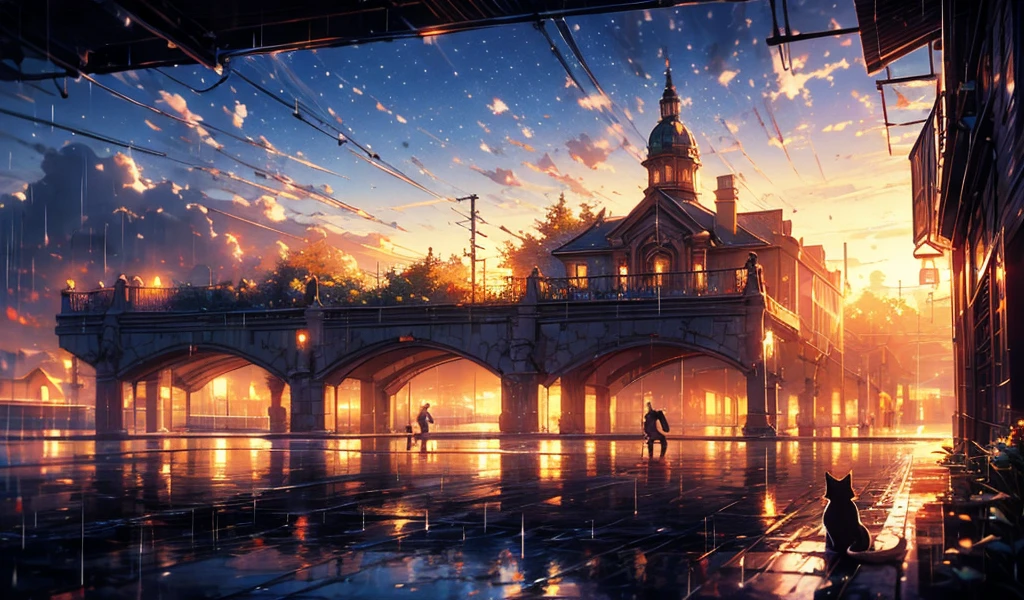 masterpiece, concept art, train station in the rain at night, a detailed matte painting, by Makoto Shinkai, featured on pixiv, photorealism, night starry sky full of cats, watching the sun set. anime, wlop hdr, from arknights, wide-screen, train, ( ( thomas kinkade ) ), art station, 'the end, very long