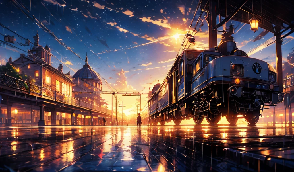 masterpiece, concept art,  train station in the rain at night, a detailed matte painting, by Makoto Shinkai, featured on pixiv, photorealism, night starry sky full of cats, watching the sun set. anime, wlop hdr, from arknights, wide-screen, train, ( ( thomas kinkade ) ), art station, 'the end, very long