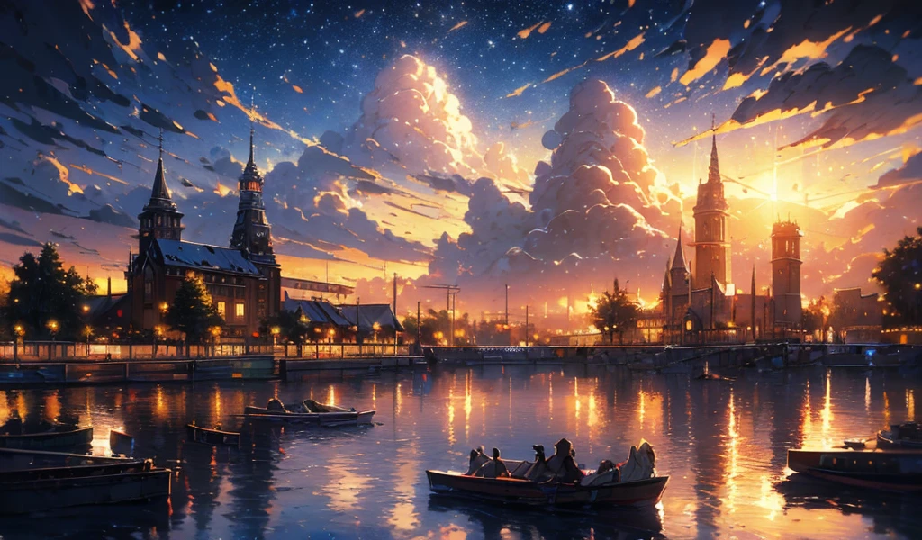 masterpiece, concept art,  train station in the rain at night, a detailed matte painting, by Makoto Shinkai, featured on pixiv, photorealism, night starry sky full of cats, watching the sun set. anime, wlop hdr, from arknights, wide-screen, train, ( ( thomas kinkade ) ), art station, 'the end, very long