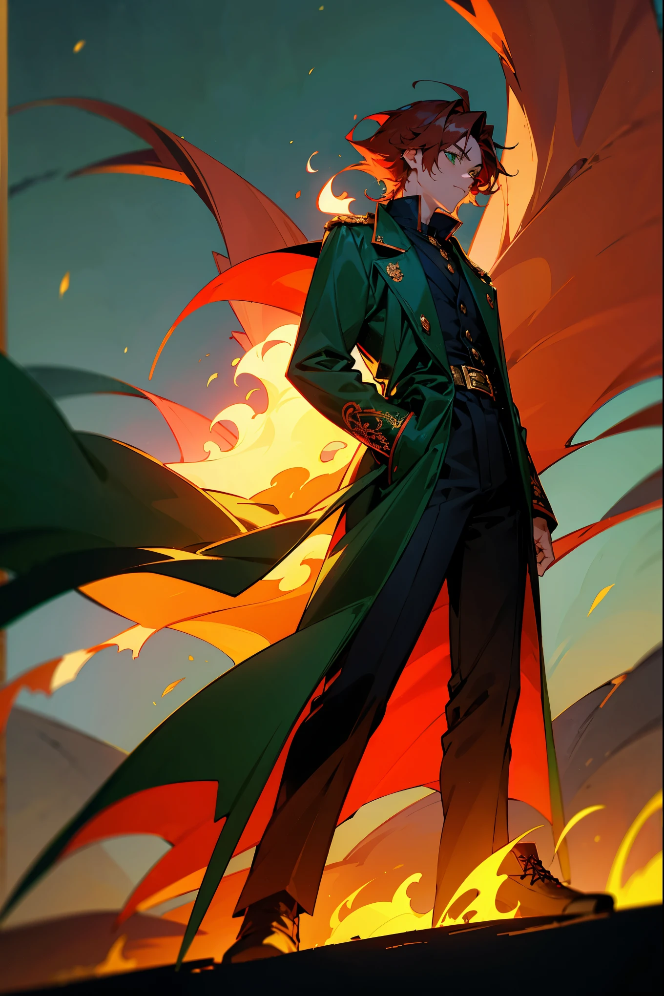 1male, auburn hair, emerald green eyes, wearing a crimson trench coat with gold embroidery of flames, black combat boots, standing on a path, dusk with glowing embers in the air, masterpiece, 8k.