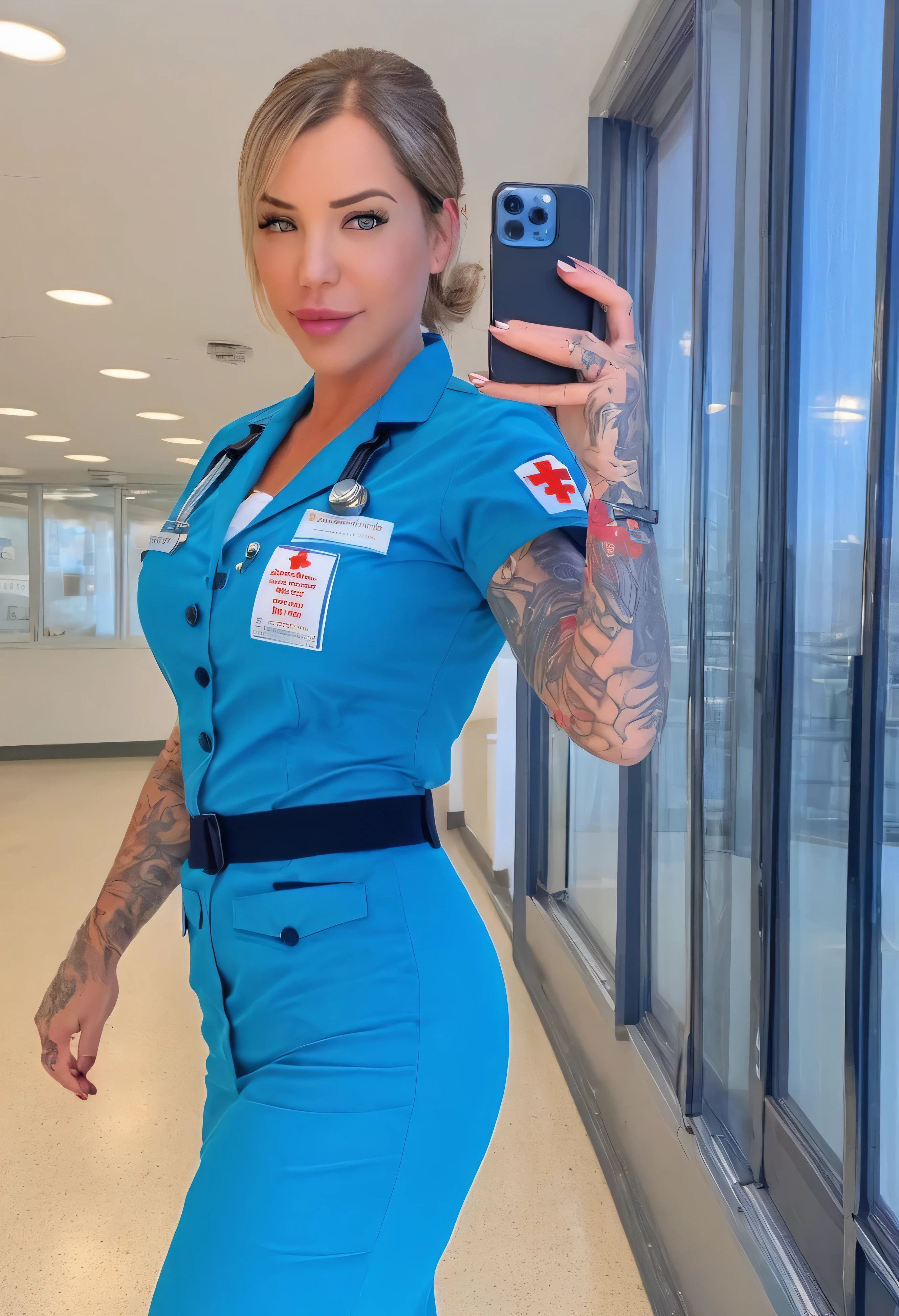 Laurence bedard in a nurse uniform holding a cell phone, wearing a nurse uniform with )petruing nipples:1.4), nurse ambulance lights shine on her face, brave nurse face, surgeon, bodycam, nurse uniform, full body camera shot, in blue uniform, (hard nipples:1.4), stethascope aroung neck, street footage, sparkling-eyes, perfect-eyes, full-lips, perfect-lips, stunningly-beautiful, high-saturation, 35mm-raw-photo, dynamic-composition, intense-expressions, nurse, doctor paramedic, brave nurse, casualty, doctor, paramedic