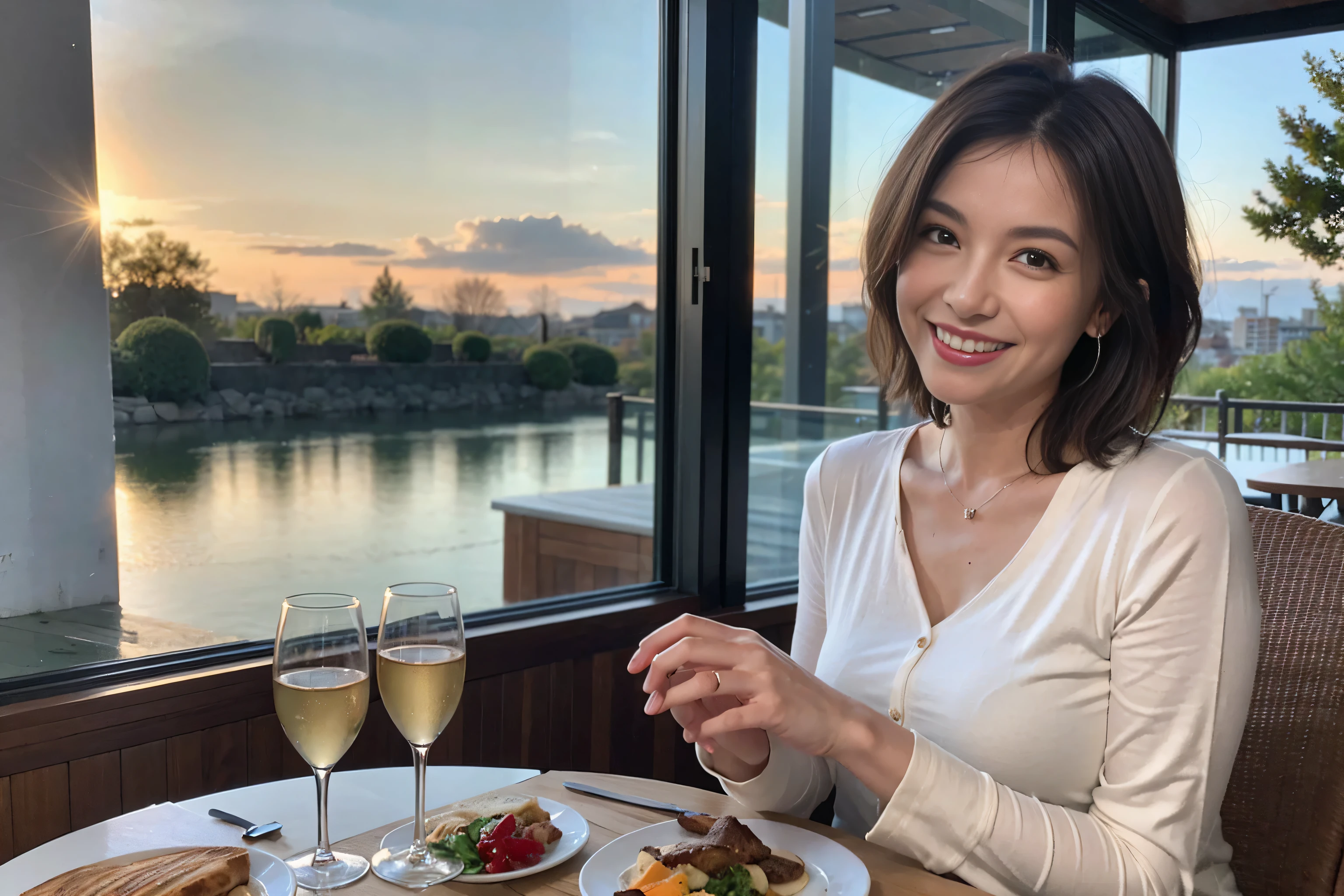 (Realistic:1.1),(masterpiece,Highest quality),8k,(49 years old), 53 years old, slimカップル、Tight waist,Upper Body,full-course dinner、wine 、Amazing view of the sunset sky and clouds、Perfect Anatomy, Brown Hair, short hair,Random Hairstyles,((Highly detailed face and eyes:1.2)),Perfect golden ratio face,Long sleeve shirt、dress,(smile:1.2)、Shortcuts、cute、(Realistic, Intricate details:1.2), A bright smile、short hair,Bright Face、赤wine 、Appetizers、Italian food、wine bottle、Champagne、スパークリングwine、(slimな顔), (The body is slim), (Brown Hair), (Shortcuts), Upper Body, 白wine, slim, wineグラス,