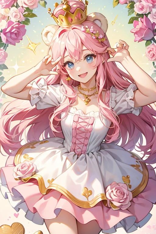 Princess Buttercream A pink girl bear Num with a cheerful winking expression with a golden crown on top of her head. She also has a pink rose chain around her, along with white icing scallops and flowers.  SPARKLE; GLITTER