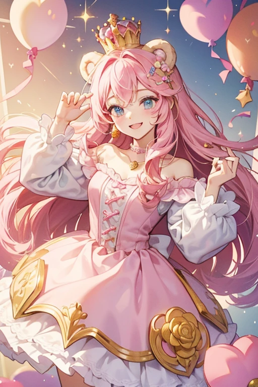 Princess Buttercream A pink girl bear Num with a cheerful winking expression with a golden crown on top of her head. She also has a pink rose chain around her, along with white icing scallops and flowers.  SPARKLE; GLITTER