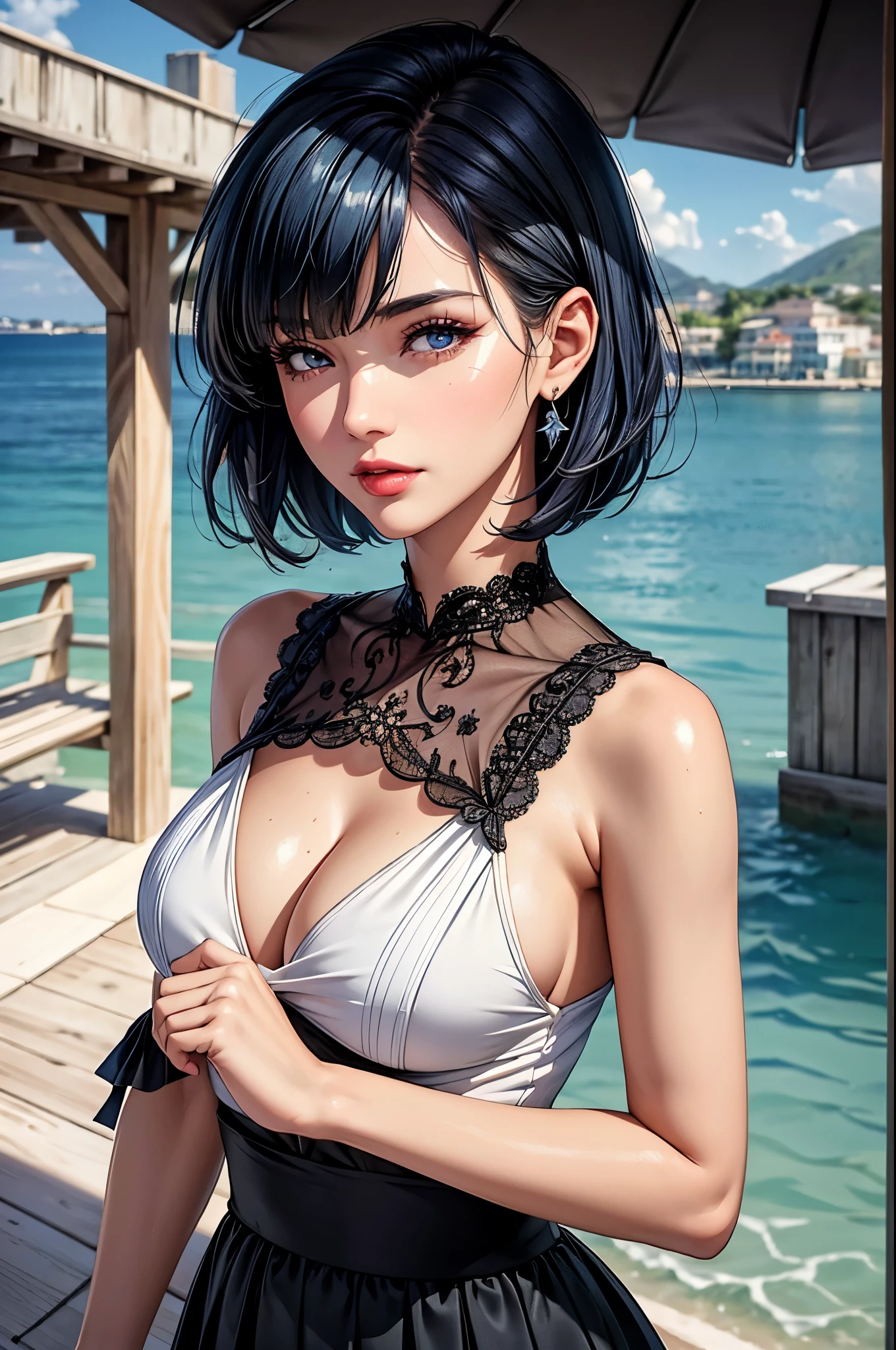 (best quality, 8K, masterpiece:1.3), pretty Woman, 1 girl, beautiful face, (Sexy), Dark blue hair, blunt bangs short hair, stylish skirt, Ultra-detailed face, Detailed lips, super detailed eyes, double eyelids, long upper eyelashes, Soft skin, HD skin, Mediterranean, Vacation Homes, pier, seaside, Water Street, 8k, Super detailed, best quality detail, retina, Ultra-high resolution, masterpiece, ccurate