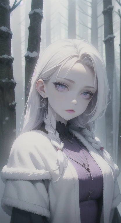 Frozen, misty Forest, ancient being, winter, snow, winter witch pale skin, purple eyes, eyes in the fog, regal appearance, cabin,