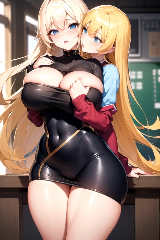Lesbian (very long loose yellow hair)(big breasts, big thighs)(with clothes it is very tight) that he is kissing at school with his girlfriend,(big breasts, big thighs)lesbian love