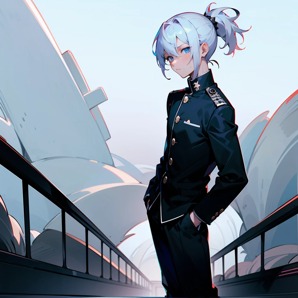 1male , Young Male , Somber Expression ,Bright White Hair , Pulled Back into a Spiky ponytail , Bangs , Calm Expression , Bright Blue Eyes , Lean , Black Gakuran Uniform , Black Baggy Pants , Standing on Path , Perfect Generation