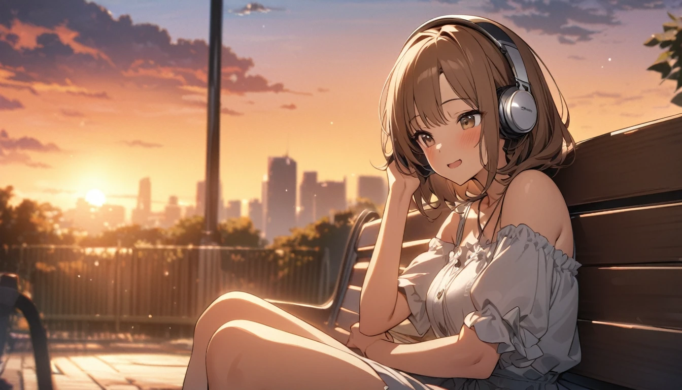 Brown-haired girl wearing headphones、Twilight Park - Very detailed、masterpiece, Highest quality, Bright - Sunset park in the background、Relaxed facial expression、Casual dress、Sitting on a bench watching the sunset 