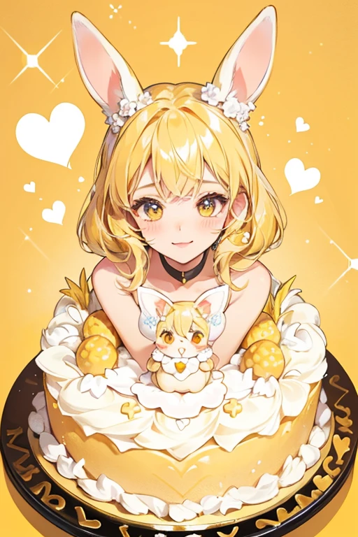 Goldie Cake A golden yellow girl bunny num with basic face. She has white icing in the form of dots and hearts decorating her. SPARKLE; GLITTER