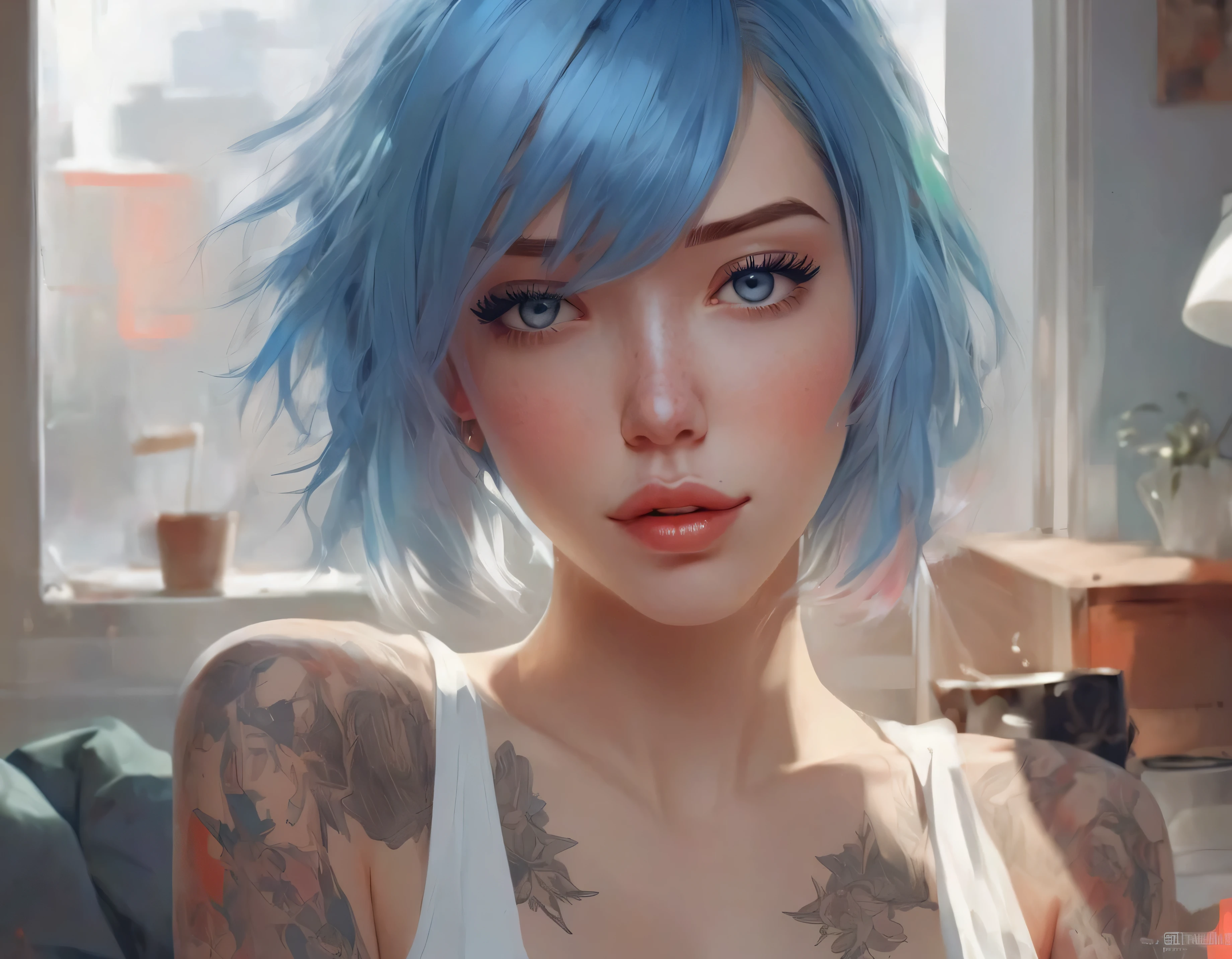 There is a blue-haired woman, Guweiz style art, Guweiz, beautiful character painting, Guweiz in ArtStation Pixiv, Guweiz in Pixiv ArtStation, stunning anime face portrait, beautiful digital art, Wlop Rossdraws, Guweiz Masterpiece, detailed digital anime art  