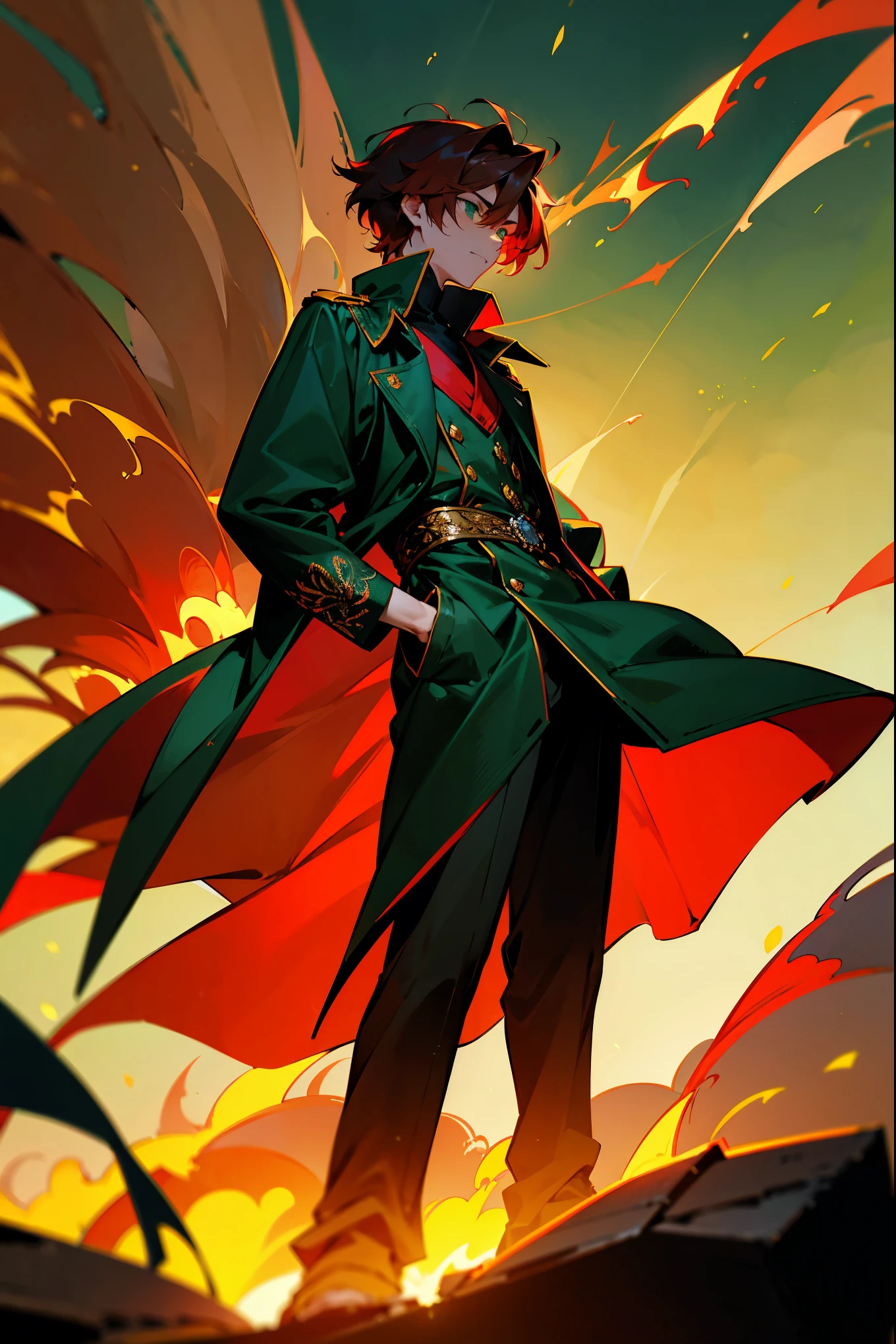 1male, auburn hair, emerald green eyes, wearing a crimson trench coat with gold embroidery of flames, black combat boots, standing on a path, dusk with glowing embers in the air, masterpiece, 8k.
