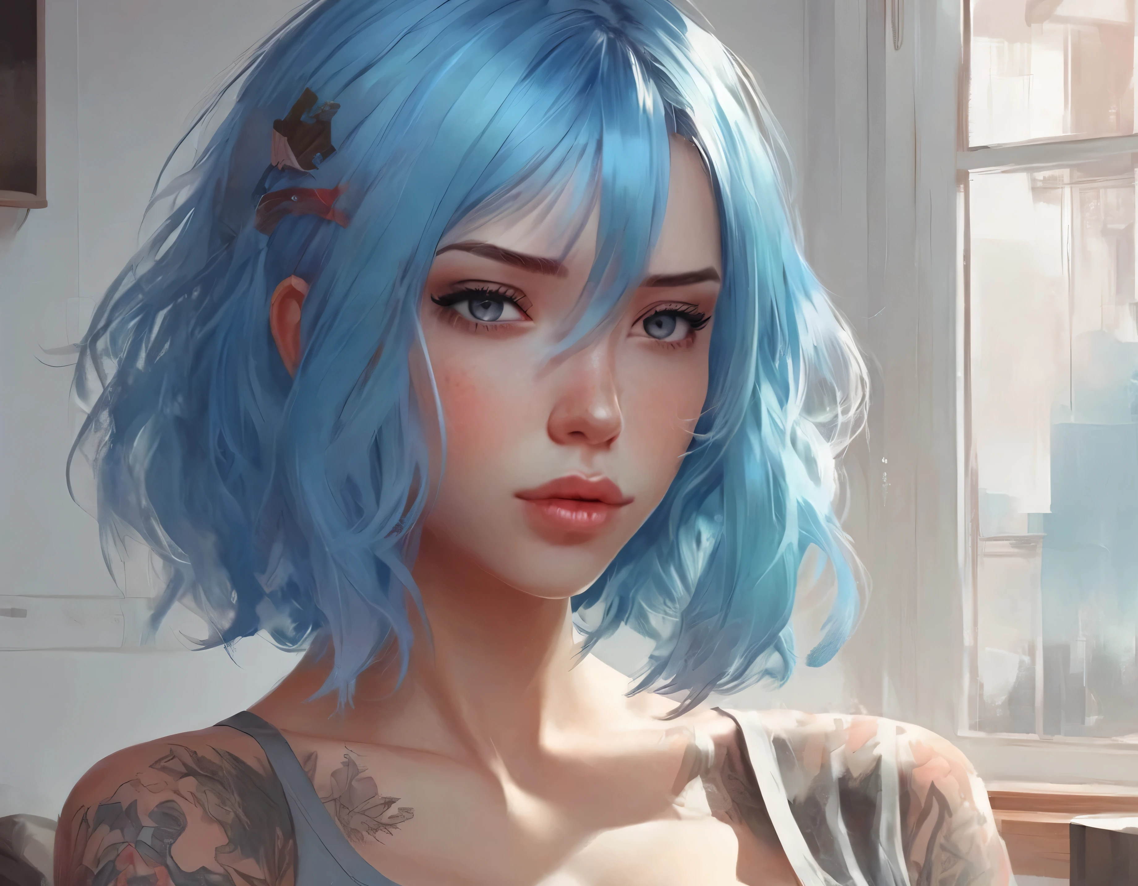 There is a blue-haired woman, Guweiz style art, Guweiz, beautiful character painting, Guweiz in ArtStation Pixiv, Guweiz in Pixiv ArtStation, stunning anime face portrait, beautiful digital art, Wlop Rossdraws, Guweiz Masterpiece, detailed digital anime art  