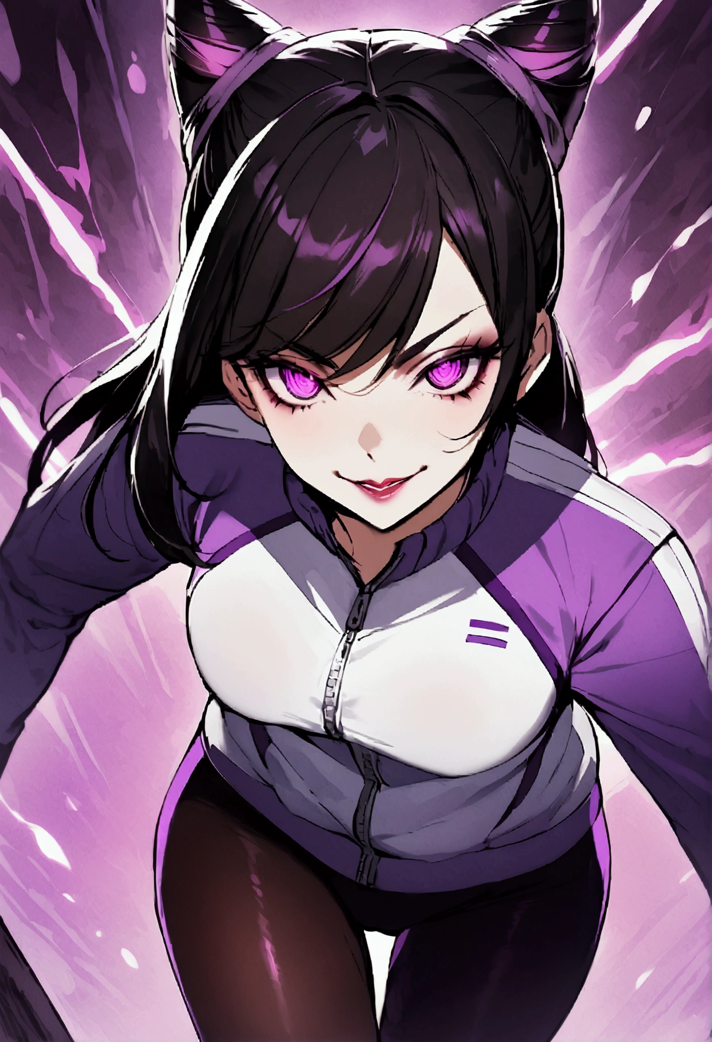 dark eye shadow,shining eyes,beautiful young fitness woman with , in a gym wearing May with black pantyhose, tight white and purple gym jacket. standing alone,hair horns,glowing purple eyes,Evil smile,legging preto ,labiaa,dark eye shadow,shining eyes,close up