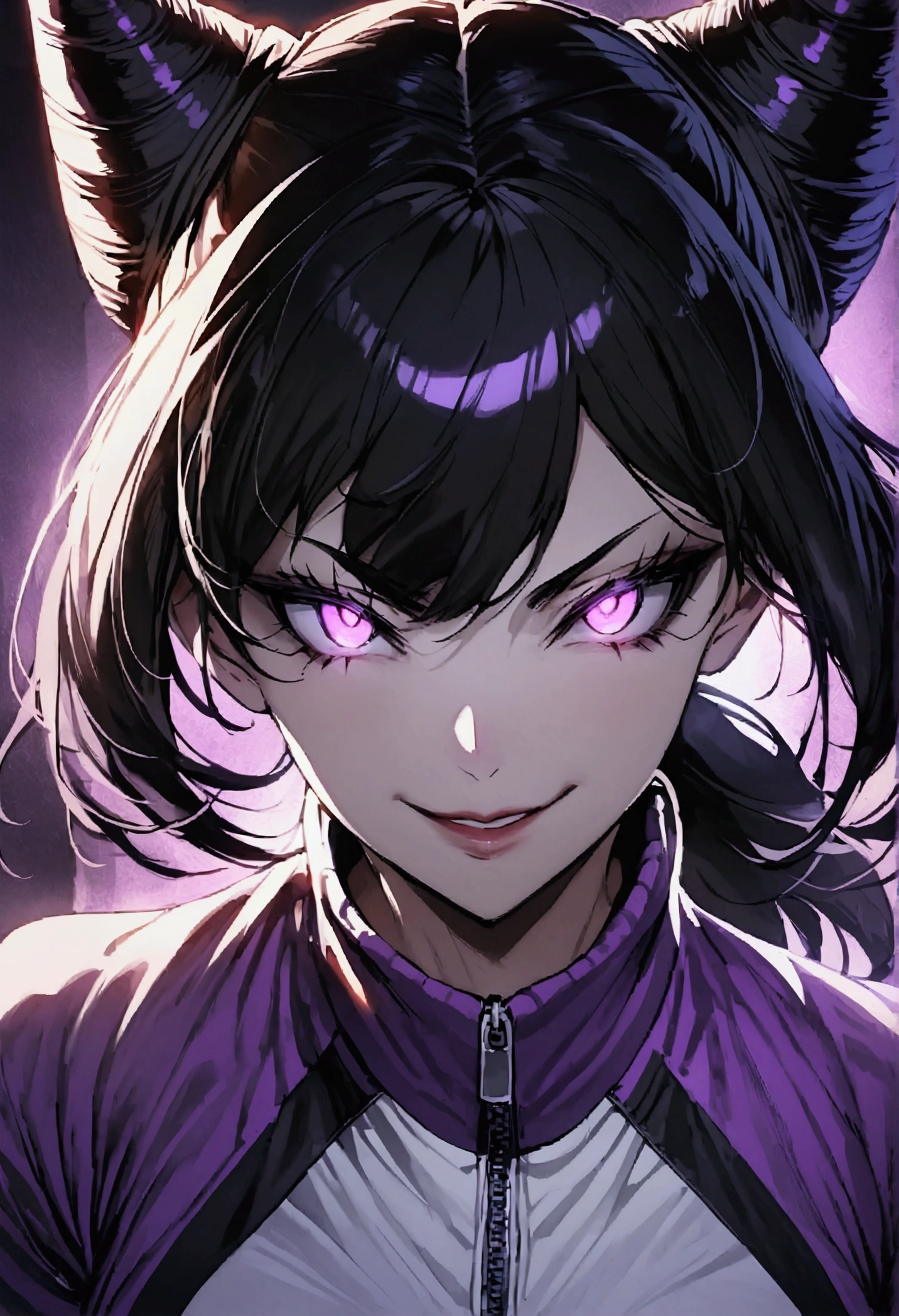 dark eye shadow,shining eyes,beautiful young fitness woman with , in a gym wearing May with black pantyhose, tight white and purple gym jacket. standing alone,hair horns,glowing purple eyes,Evil smile,legging preto ,labiaa,dark eye shadow,shining eyes,close up
