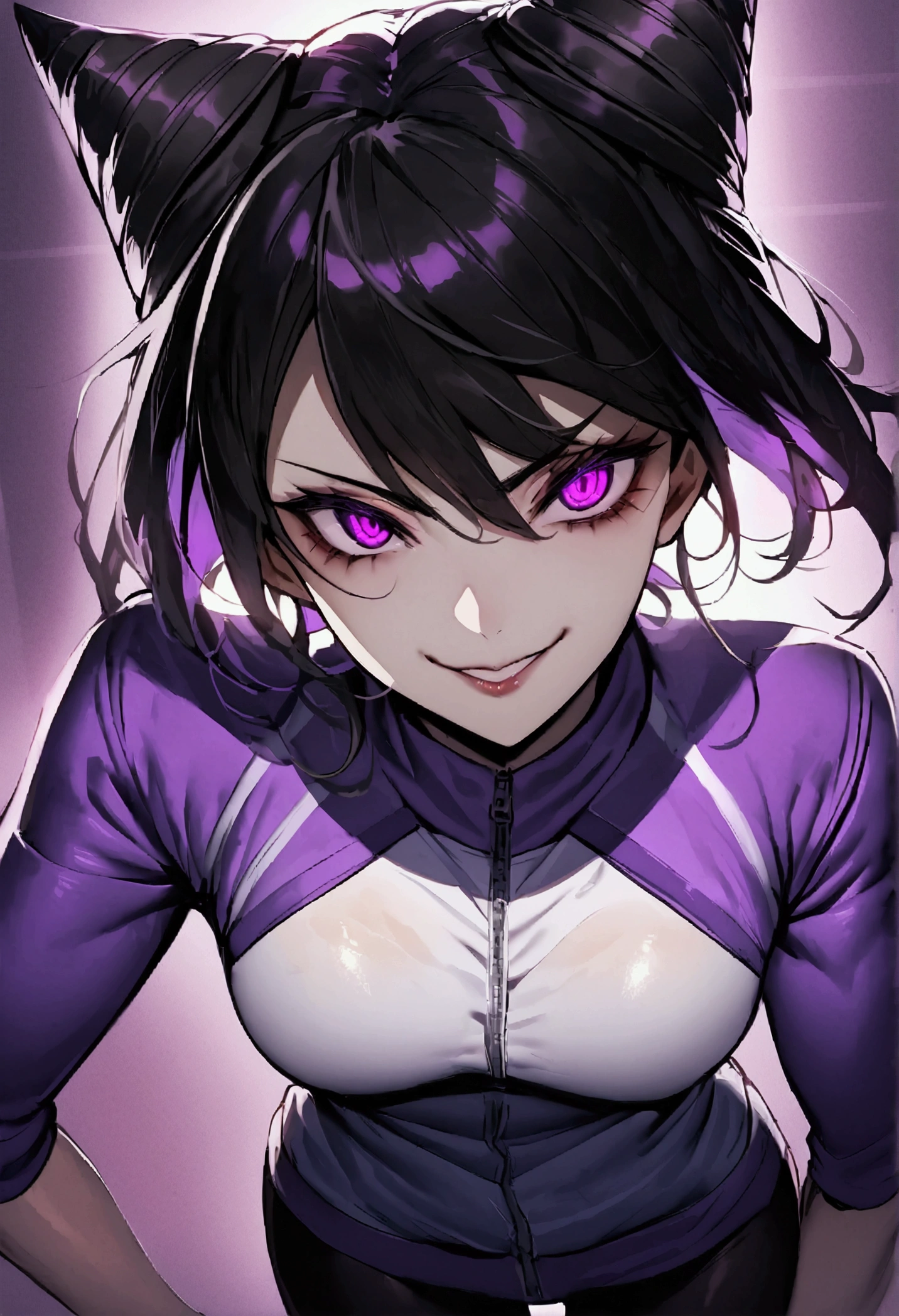 dark eye shadow,shining eyes,beautiful young fitness woman with , in a gym wearing May with black pantyhose, tight white and purple gym jacket. standing alone,hair horns,glowing purple eyes,Evil smile,legging preto ,labiaa,dark eye shadow,shining eyes,close up
