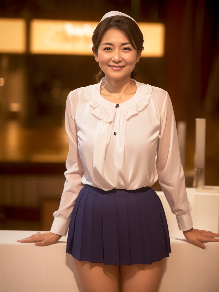 ((masterpiece))、((Highest quality))、photograph、reality、High resolution、Advanced Depth of Field、become close、Realistic lighting、(50 years old)、(Wrinkles around the eyes)、(Wrinkles around the mouth)、secretary、Delicate facial features、Realistic background and accessories、(Large, ample, saggy breasts)、(narrow and constricted waist,:1.1)、(Thin and beautiful legs)、Sexy lips、bed、Wide Shot、Thighs、(smile:1.3)、Emphasize the weight, soft, Round Breasts、whole body、(Waitress Uniform:1.2)