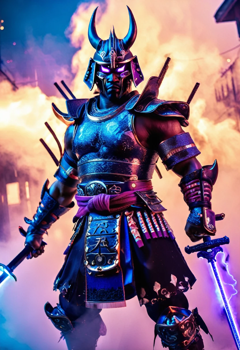 Dramatic and stylized image of a black man samurai warrior in full traditional armor, set against a blue misty, atmospheric background in a cyberpunk city. The warrior's armor is intricately detailed with dark, metallic hues and purple accents. The helmet features prominent horns and a menacing mask with glowing purple eyes, adding an otherworldly effect. The black man samurai is wielding two swords, one in each hand, poised in a dynamic and aggressive stance. The background is shrouded in blue fog with glittering particles enhancing the mysterious and intense mood of the scene. The overall color palette is dark and muted, with a focus on shades of black, grey, and blue.