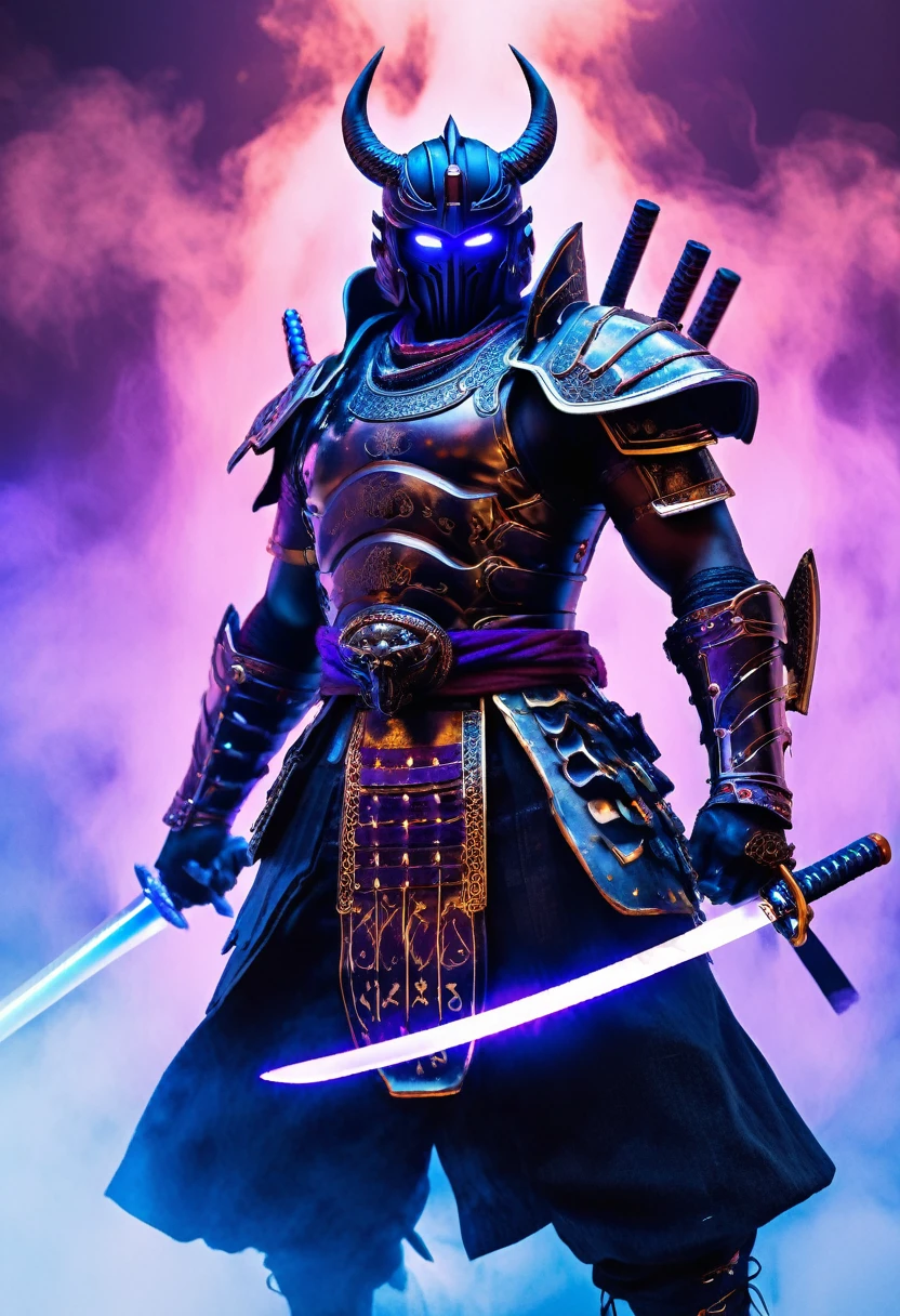 Dramatic and stylized image of a black man samurai warrior in full traditional armor, set against a blue misty, atmospheric background in a cyberpunk city. The warrior's armor is intricately detailed with dark, metallic hues and purple accents. The helmet features prominent horns and a menacing mask with glowing purple eyes, adding an otherworldly effect. The black man samurai is wielding two swords, one in each hand, poised in a dynamic and aggressive stance. The background is shrouded in blue fog with glittering particles enhancing the mysterious and intense mood of the scene. The overall color palette is dark and muted, with a focus on shades of black, grey, and blue.