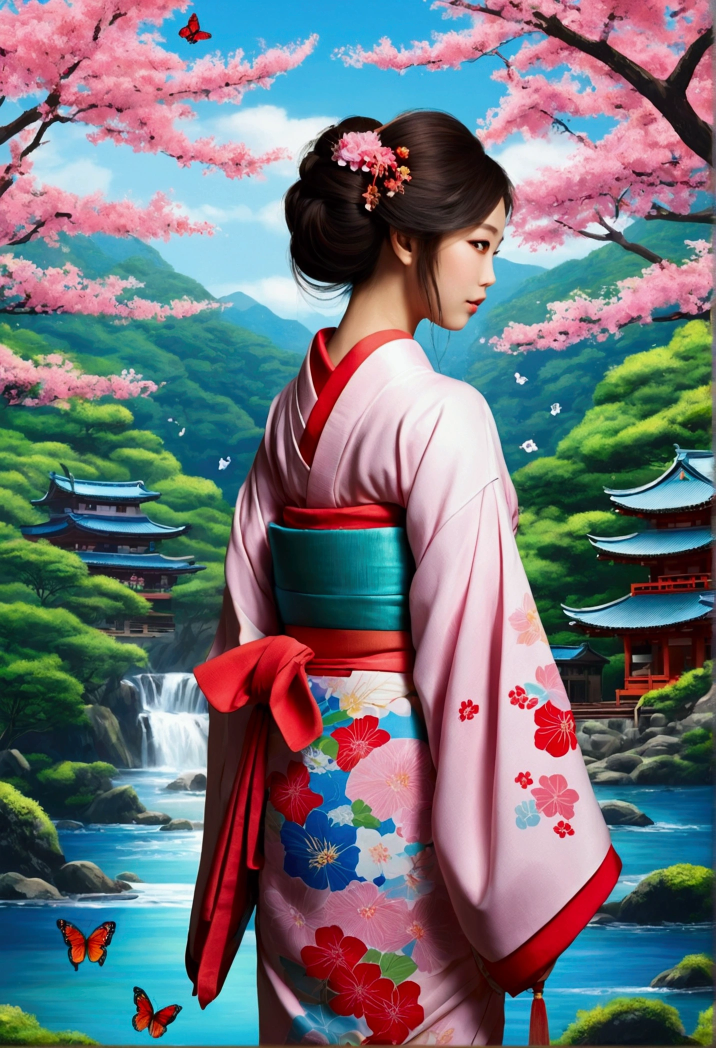 Create an anime-style illustration of a girl viewed from behind, wearing a traditional kimono. The kimono should feature a vivid, dream-like landscape with lush trees, flowing water, and cherry blossoms. Use vibrant colors like bright reds, blues, greens, and pinks to create a glowing, ethereal atmosphere. Add butterflies throughout to enhance the magical feel. The girl’s long, flowing hair should blend into the background, making the transition between her and the landscape seamless. The lighting should give a soft, glowing effect, highlighting the enchanting scene on the kimono. The girl’s hair should have flowers that match the kimono’s vibrant design. The background should include butterflies of various sizes and colors to enhance the whimsical elements. The overall composition should make the girl appear as an integral part of the landscape, blending seamlessly