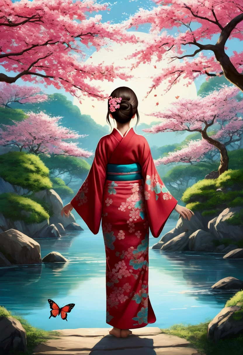 Create an anime-style illustration of a girl viewed from behind, wearing a traditional kimono. The kimono should feature a vivid, dream-like landscape with lush trees, flowing water, and cherry blossoms. Use vibrant colors like bright reds, blues, greens, and pinks to create a glowing, ethereal atmosphere. Add butterflies throughout to enhance the magical feel. The girl’s long, flowing hair should blend into the background, making the transition between her and the landscape seamless. The lighting should give a soft, glowing effect, highlighting the enchanting scene on the kimono. The girl’s hair should have flowers that match the kimono’s vibrant design. The background should include butterflies of various sizes and colors to enhance the whimsical elements. The overall composition should make the girl appear as an integral part of the landscape, blending seamlessly