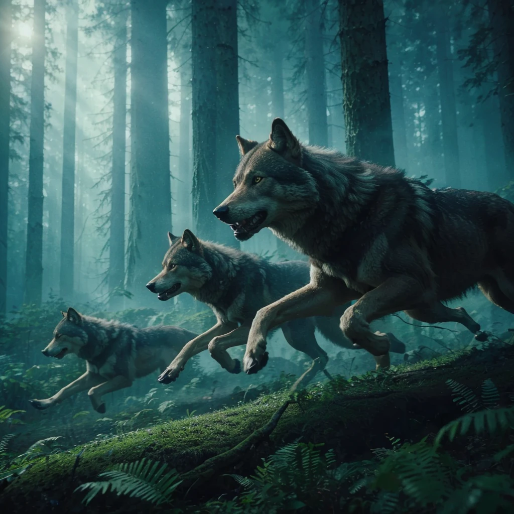 a group of wolves chasing something, the background is a dense forest, realistic, cinematic