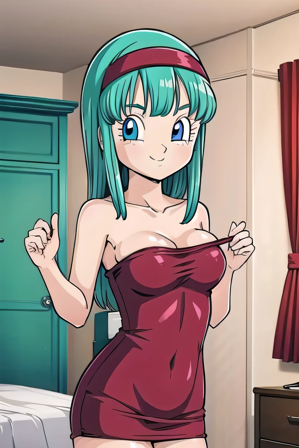 NSFW, masterpiece, (best quality: 1.2), long hair, blue eyes, green hair, big breasts, evil_smile, sexy, ((red lipstick, fishnet stocking)),, ((tennis player)), ((cum shot: 1.5))