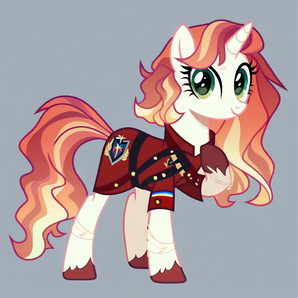 score_9, score_8_up, score_7_up, score_6_up, score_5_up, score_4_up, show accurate, full body, simple background, feral pony, female pony, beautiful appearance, wearing a really cute outfit cutiemarck, unicorn, original character