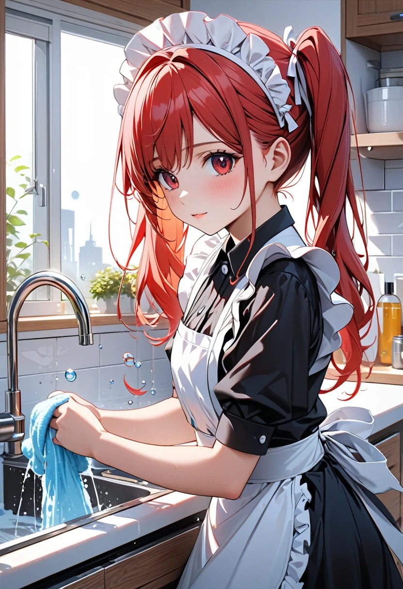 A girl dressed as a maid washing dishes in the kitchen.The girl is washing dishes in the kitchen.The girl is about 16 years old.Her hair is red and tied in twin tails,She is wearing a maid's headdress.She is wearing a gorgeous frilly maid outfit.A girl is washing dishes in the kitchen She washes the plates while popping out large soap bubbles.High quality, high definition, masterpiece best quality, 4k, 8k,Ultra detail,Ultra-fine painting,Vivid colors,