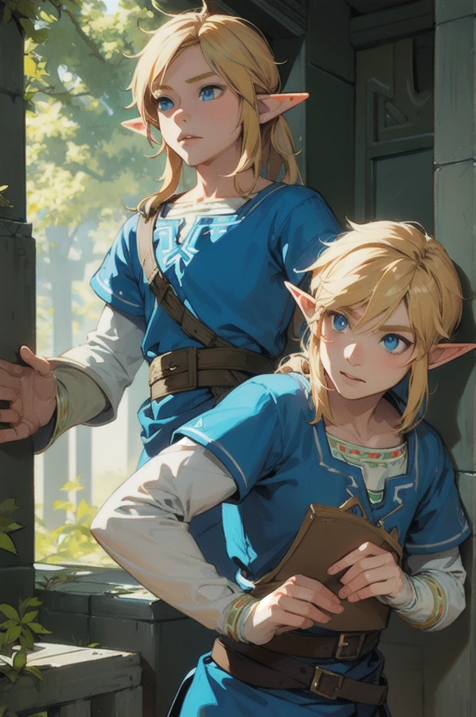 1 boy, solo 1 boy, link, elf, long blonde hair, blue eyes, 