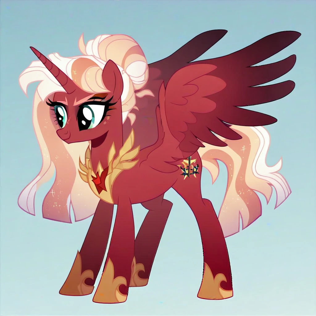score_9, score_8_up, score_7_up, score_6_up, score_5_up, score_4_up, show accurate, full body, simple background, feral pony, female pony, beautiful appearance, wearing a really cute outfit cutiemarck, alicorn, original character