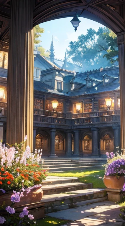 ((Best quality)), ((Masterpiece)), ((Ultra-detailed)), (illustration), (Detailed light),Magic Library,Flowers and trees