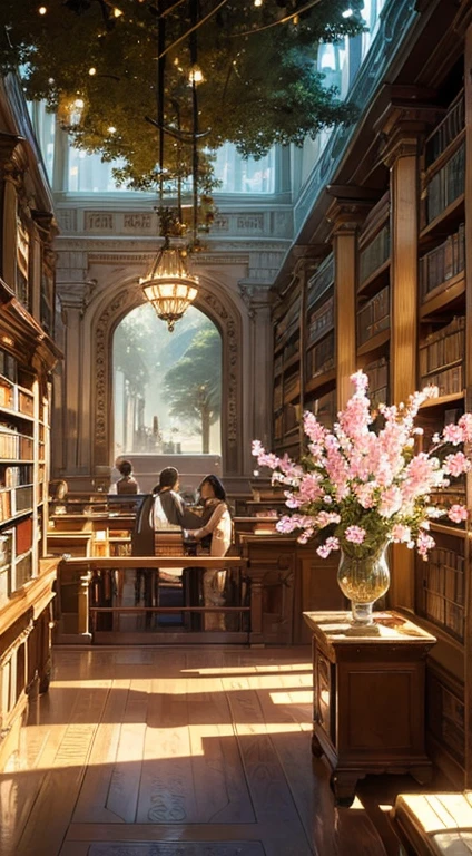 ((Best quality)), ((Masterpiece)), ((Ultra-detailed)), (illustration), (Detailed light),Magic Library,Flowers and trees