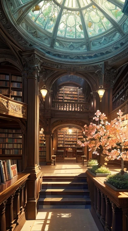 ((Best quality)), ((Masterpiece)), ((Ultra-detailed)), (illustration), (Detailed light),Magic Library,Flowers and trees
