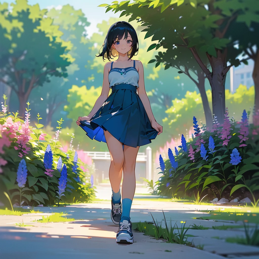 (high quality, High resolution, Very detailed, reality:1.37), Peaceful atmosphere, (Outdoor, garden), Teenage girl standing alone, (my breasts are big.), Beautiful details, Cute Smile, (Black bob hair), camisole, Blue Skirt, Blue socks, sneakers.