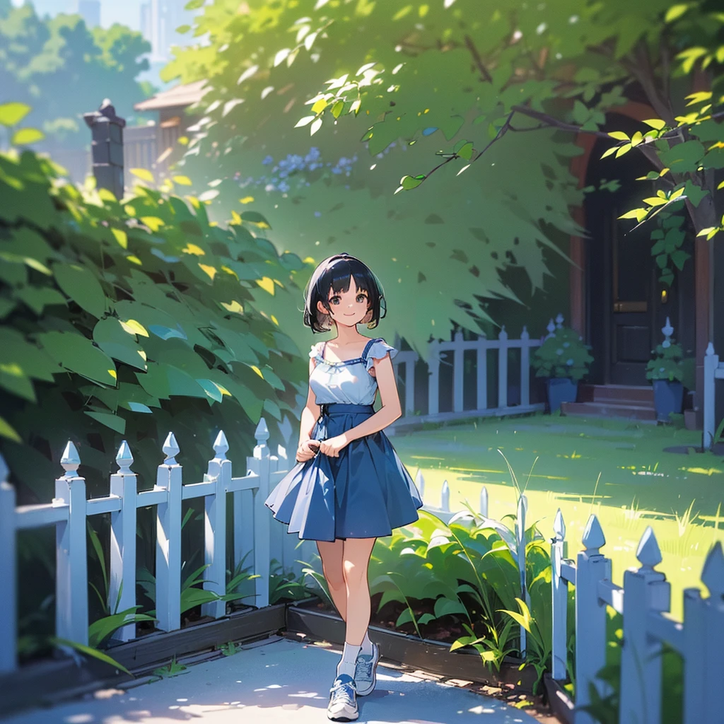 (high quality, High resolution, Very detailed, reality:1.37), Peaceful atmosphere, (Outdoor, garden), Teenage girl standing alone, (my breasts are big.), Beautiful details, Cute Smile, (Black bob hair), camisole, Blue Skirt, Blue socks, sneakers.