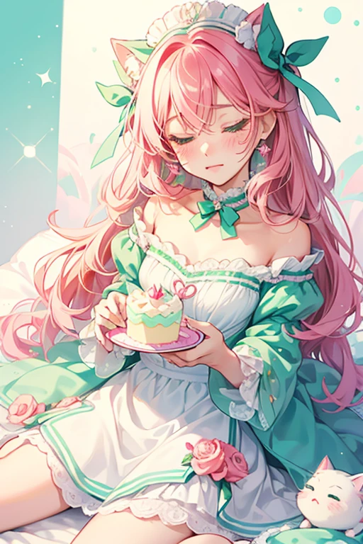 Mint T. Cake is a mint cat wearing a fuchsia ribbon. She has one shut eye and no mouth, and soft pink blushed cheeks. She wears white icing in the form of lines, dots, and scallop lines. SPARKLE; GLITTER