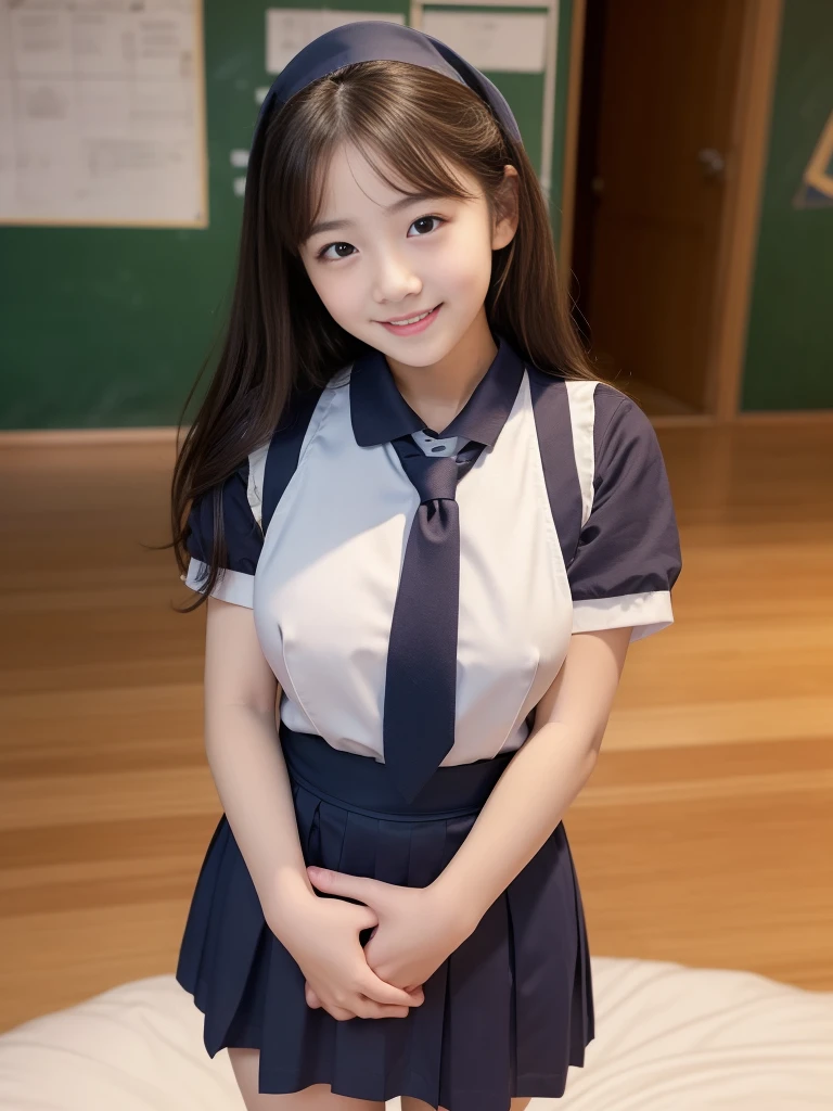 ((masterpiece))、((Highest quality))、photograph、reality、High resolution、Advanced Depth of Field、become close、Realistic lighting、secretary、((Early s:1.5))、face:1.5))、((Primary school students:1.5))、(Short)、Delicate facial features、Realistic background and accessories、(Big and ample breasts:1.2)、Sexy lips、bed、Wide Shot、Thighs、(smile:1.3)、Emphasize the weight, soft, Round Breasts、whole body、(Waitress Uniform:1.5)