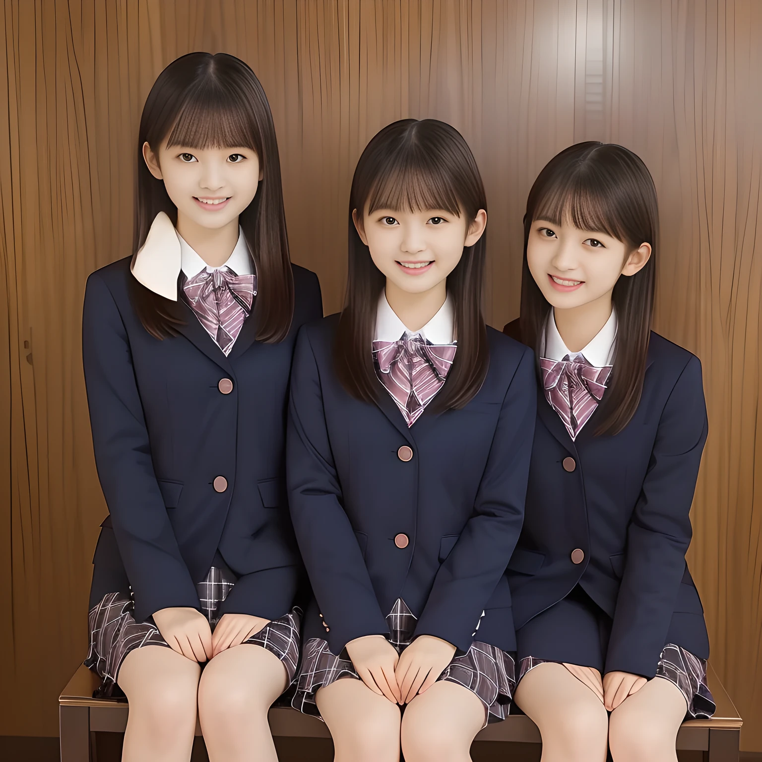 (Highest quality, masterpiece:1.2), Highest quality, High resolution, 1080P, 8k, height: 158cm, ((Seven noble, graceful and intelligent yo Japanese young idles who have a best proportion are seated and singing religious hymn chorus with opening their mouth, all of them are watching at me!: 1.5)), ((So sweet, very noble, neat, and pretty 14 Japanese beautiful fashion magazine models are surrounding me and looking gracefully at me: 1.6)), ((All of them are looking directly at me,)) ((((Very pure white face and limbs)))), Glossy Lips, (Evenly cut curled bangs), ((Very beautiful, droopy, cute, pure, noble, intelligent brown eyes with detailed: 1.6)), ((Some have super long twin brands hair and some has wavy long hair)), (Very shiny, glossy Lips), Watch at you, ((Incredibly well organized, Rich facial expressions)), ((Plump and beautiful white skin and face)), ((Pure, clear, gentle brown eyes)), ((staring at me)), Glossy Lips, ((Noble and elegant)), ((Large upward-curving lips)), ((((Navy gorgeous Japanese school blazer with noble golden emblem)))), ((Navy and sapphire blue Japanese school gorgeous uniform)), ((Tartan check pattern dark blue and navy pleated gorgeous skirt with beautiful white fat calf: 1.0)), ((Blue gloss chest ribbon: 1.0)), ((((An ecstatic expression of boundless joy)))), (((Beauty and fashion magazine for young girls))), ((Cute beautiful knees)), ((Well-shaped ample breasts)), ((Tilting his head and smiling)), ((Plain darkness background: 1.5)), (Singing in religious happiness and inviting me to the happiness with them: 1.0), ((Too beautiful women to stop falling into them: 1.6)), ((They are in fact succubi and seated with strong religious temptation))