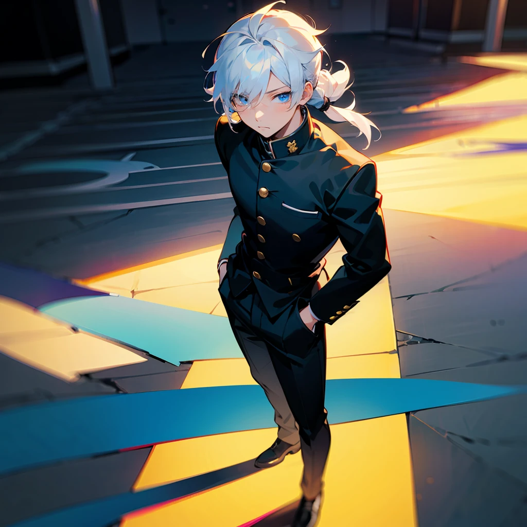 1male , Young Male , Somber Expression ,Bright White Hair , Curly Hair , Pulled Back into a ponytail , Bangs , Calm Expression , Bright Blue Eyes , Lean , Black Gakuran Uniform , Black Baggy Pants , Standing on Path , Perfect Generation