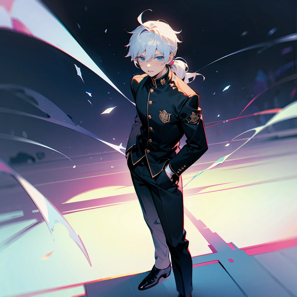1male , Young Male , Somber Expression ,Bright White Hair , Curly Hair , Pulled Back into a ponytail , Bangs , Calm Expression , Bright Blue Eyes , Lean , Black Gakuran Uniform , Black Baggy Pants , Standing on Path , Perfect Generation