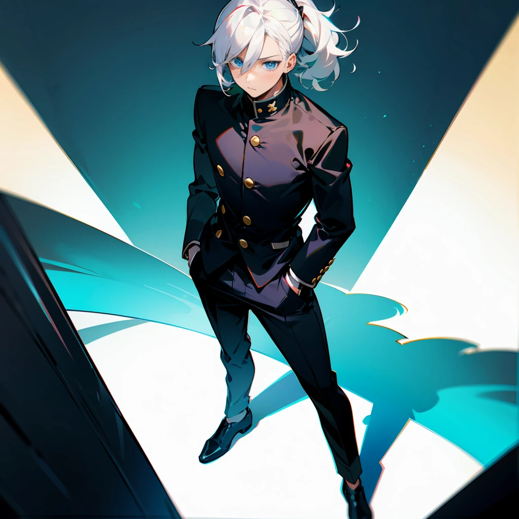 1male , Young Male , Somber Expression ,Bright White Hair , Curly Hair , Pulled Back into a ponytail , Bangs , Calm Expression , Bright Blue Eyes , Lean , Black Gakuran Uniform , Black Baggy Pants , Standing on Path , Perfect Generation