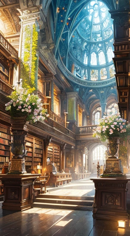 ((Best quality)), ((Masterpiece)), ((Ultra-detailed)), (illustration), (Detailed light),Magic Library,Flowers and trees